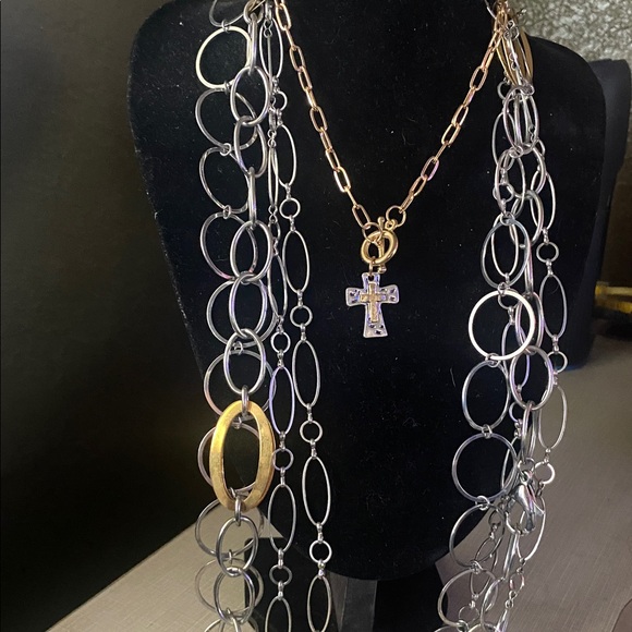 Jewelry - Chic Gold and Silver Necklace/ Cross Pendant 5 layering necklaces free earrings
